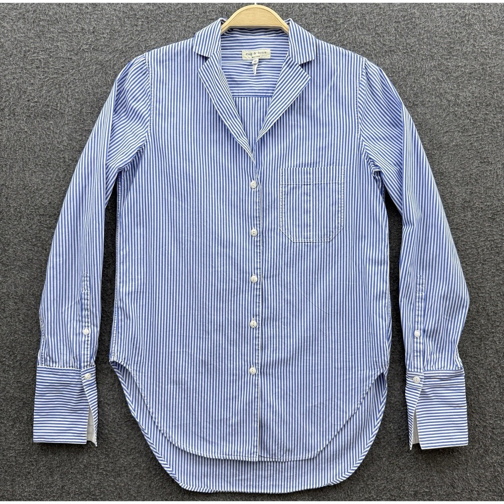 Rag & Bone Shirt Womens XS Blue White Striped‎ Button Up Long Sleeve Flip Cuff - Picture 3 of 10